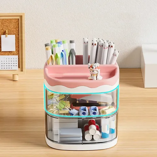 Organizador De Maquillaje Cremas Escritorio Rosa, Porta Lápices Y Papelería, Con 2 Cajones Multifuncional, Ideal Para Decoración Aesthetic, Almacenamiento Tierno Y Viral Levys Bazar
