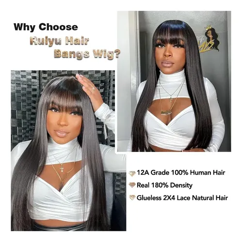 Cabello Humano Liso Ruiyu De Wigs Con Flequillo, Densidad De
