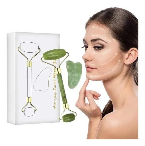 Set Masaje Facial Jade Rodillo Gua Sha Natural Cuello Cara