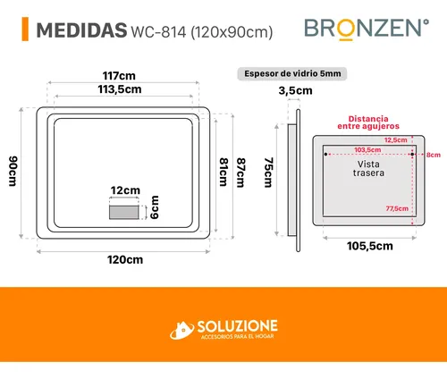 Espejo Horizontal Inteligente Luz Led 120x90cm Bluetooth