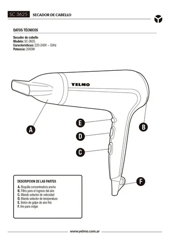 Secador De Pelo Yelmo Sc-3625 De 2000w Tourmaline Ion Color Negro