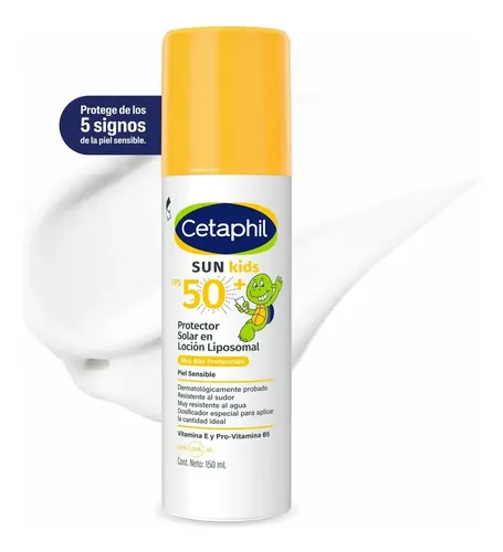 Cetaphil Sun Kids FPS 50+ Protector Solar Loción Liposomal Infantil 150 ml | Con vitamina E, glicerina y pantenol; alta protección FPS 50+, uso pediátrico desde 6 meses y dosificador especial.