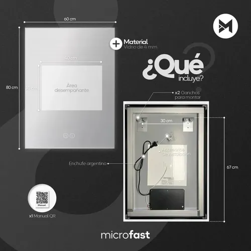 Espejo de Baño LED Táctil Desempañante 60x80cm con Luz Regulable