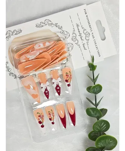 Uñas Adheribles French Tip Largas Stiletto Con Laço 3d