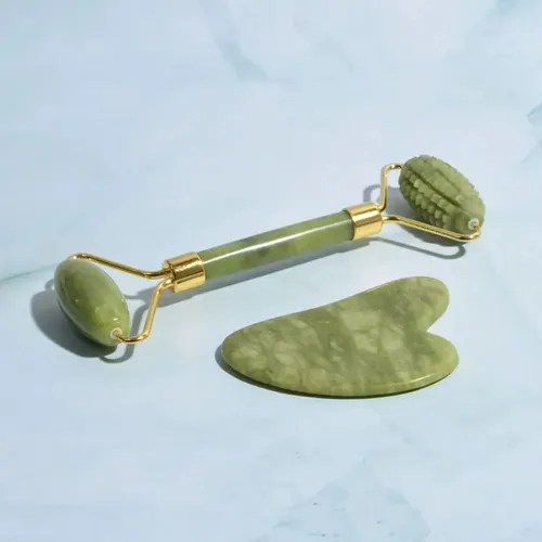 Kit Skincare Rodillo Jade Masajeador Facial Gua Sha 3 En 1
