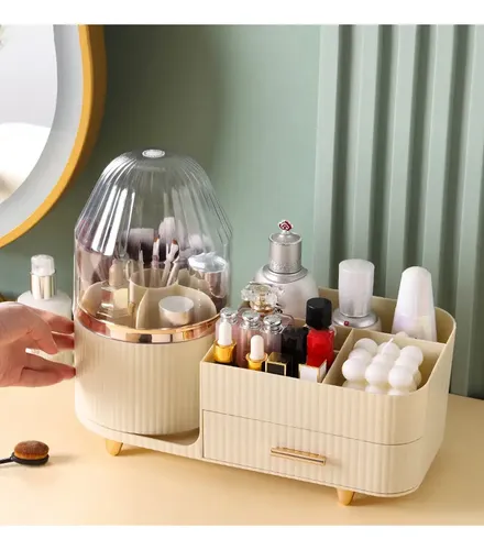Organizador Maquillaje Giratorio 360° con Cajón Tapa Antipolvo Cosméticos Perfumes Skincare Tocador Brochas Labiales Cremas Joyas Accesorios Vanity Baño Dormitorio Plástico Beige