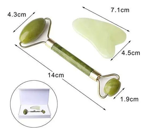 Set Masaje Facial Jade Rodillo Gua Sha Natural Cuello Cara