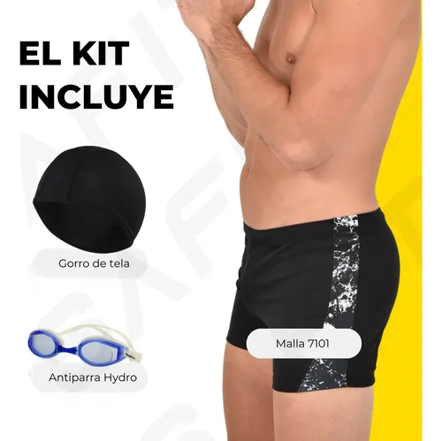 Malla Short Natación Hombre + Antiparras + Gorro Tela