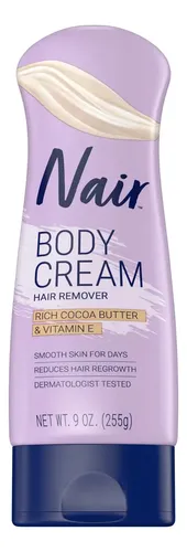 Nair Crema Depilatoria con Manteca de Cacao y Vitamina E 7.9 oz, Para Depilar Piernas Axilas y Bikini, Cavado Sin Dolor, Piel Suave e Hidratada