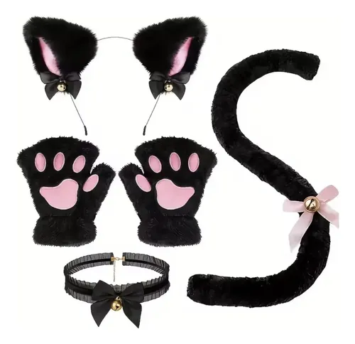 Set Accesorios Disfraz Gato Con Orejas Cola Guantes Y Co