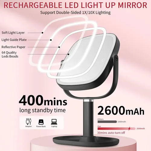 Espejo De Maquillaje Vanmirr 8.5” Con Luz Y Aumento Negro