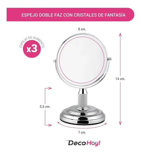 Espejo Maquillaje Aumento X3 Doble Faz Cromado Strass 8 Cm