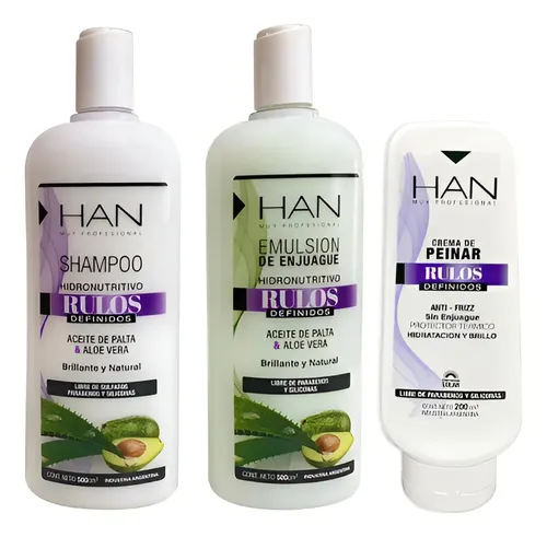 Combo Rulos Han Shampoo Y Enjuague 500cm3 Crema Peinar 200ml