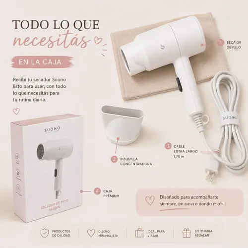 Mini Secador De Pelo Suono 1600w Compacto Para Viaje Blanco