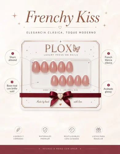 Uñas Press On Premium Corta Profesional Artesanal Kit X20 Color Frenchy Kiss Short Almond