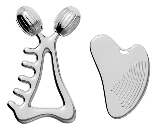 Set Masajeador Facial Yeamon Rodillo Y Gua Sha Acero Plata