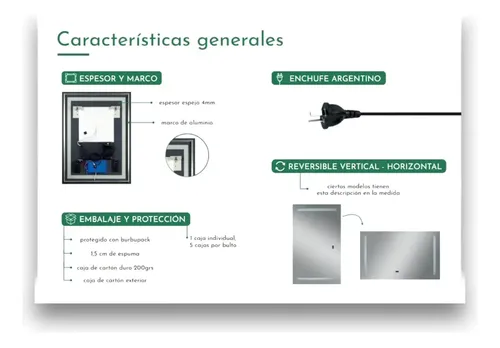 Espejo Inteligente Luz Led Desempaña Baño Reversible 60×80