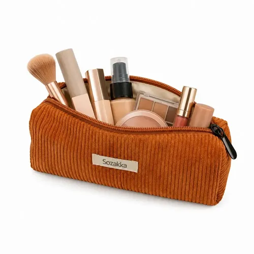 Neceser Portátil de Corderoy Marrón para Maquillaje y Accesorios de Viaje con Cierre
