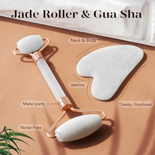 Set Masajeador Facial Baimei Jade Roller Y Gua Sha Blanco