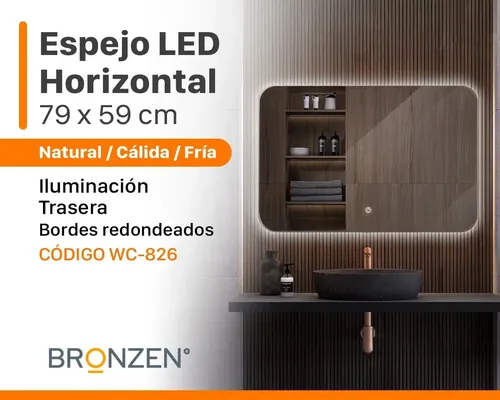 Espejo Horizontal Curvo Con Luz Led Trasera 800x600mm Wc-826