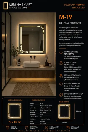 Espejo Digital Led Rectangular 70×80 Sin Marco Moderno