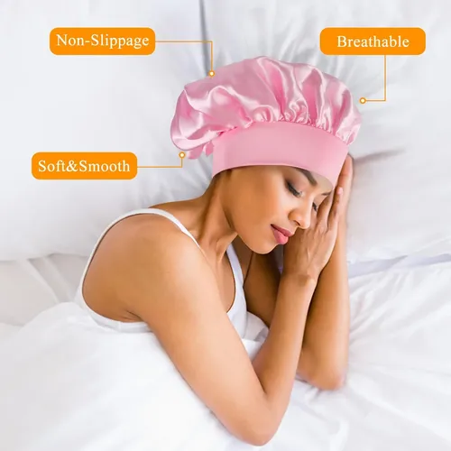 Gorro De Satén Para Dormir, Banda Ajustable, Rosa Rosa