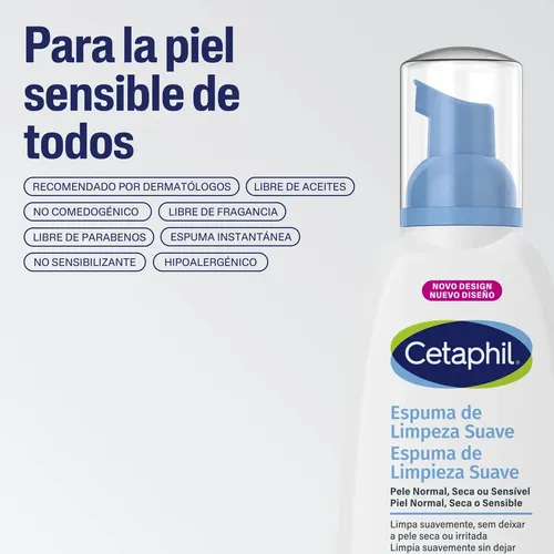 Cetaphil Espuma de Limpieza Facial Suave Glicerina Piel Sensible 236 ml | Autoespumante que elimina suciedad, grasa y maquillaje sin resecar, con glicerina, vitamina B5 y E para calmar piel sensible.