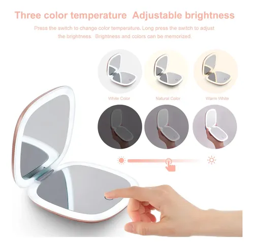 Espejo De Maquillaje Con Luz Led 10cm Recargable Oro Rosa