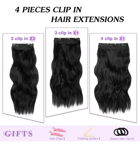 Extensiones De Cabello Ondeado 40cm 4piezas C/ Clips Negro