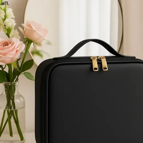 Alhajero Neceser Mtl Portátil Luz Led Espejo Compartimentos Ajustables Bandeja Desplegable Ideal Para Viaje Organización Maquillaje Accesorios Diseño Moderno Elegante Resistente Material Pu Negro