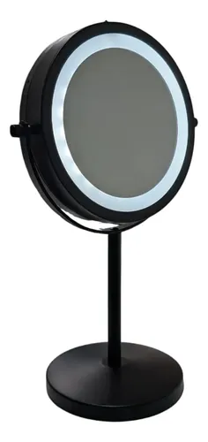 Espejo Maquillaje Led Negro Mate Pie Doble Faz Aumento 10x