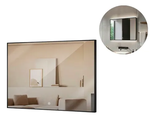 Espejo Premium Luz Led Trasera Horizontal Negro 60 X 80 Cm
