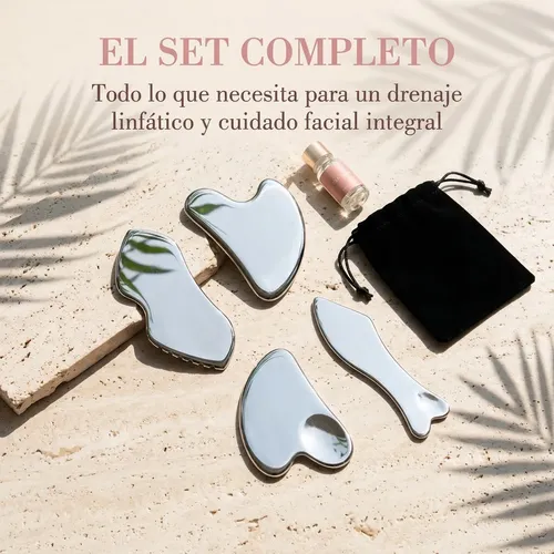 ~ Set 4 Gua Sha Facial De Acero Inoxidable Con Estuche Todo