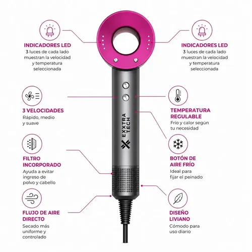 Secador de Pelo Exxtra Tech Profesional Iónico con Soporte de Pared Fucsia