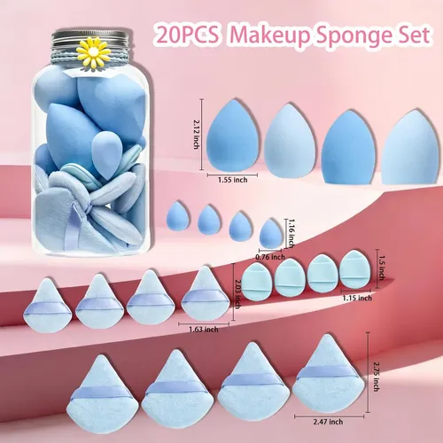 20pcs Pink Makeup Sponge Set With Storage Jar Latex-free