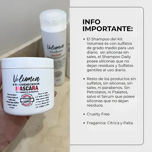 Máscara Acondicionadora Volumea otorga Volúmen (efecto redensificante engrosador) para Cabellos Finos mientras rejuvenece la fibra capilar, producto profesional, Pote x 250Mls LineUp