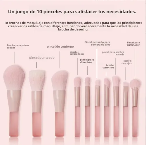 10 Pinceles Maquillaje Mini Rosado Melocotón Set Para