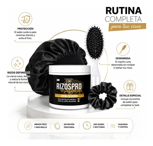 Combo Crema Rizospro Cofia Satén Cepillo Curly Scrunchie