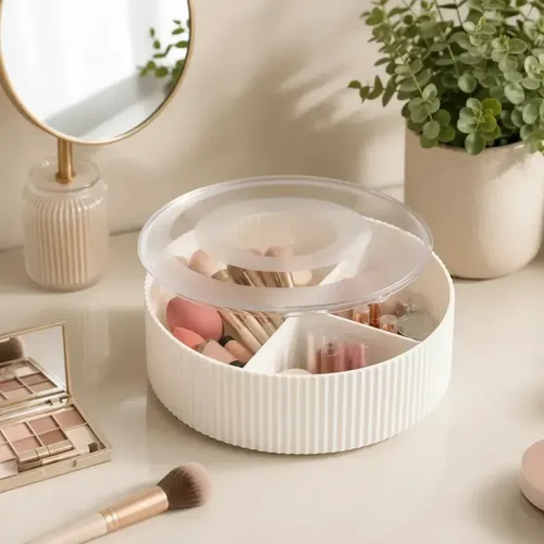 Organizador Maquillaje 3 Divisiones Diseño Rayado Con Tapa Organización Brochas Labiales Blanco Craco
