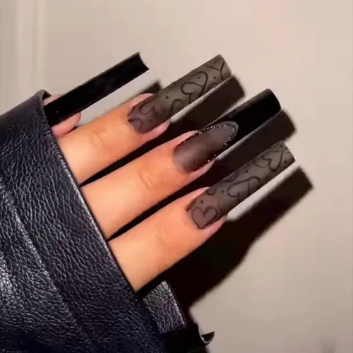 Kit De Uñas A Presión Largo Cuadrado Mate Negro Francés