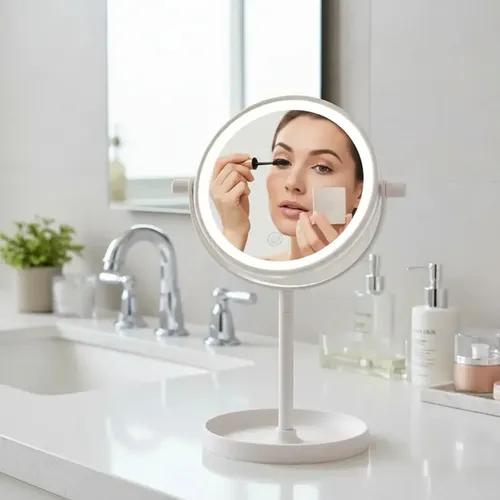Espejo Redondo De Pie Con Luz Led Fría Para Maquillaje