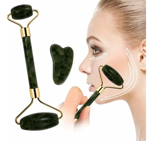 Kit Rodillo Masajeador Facial + Piedra Gua Sha Jade Roller Verde Jade