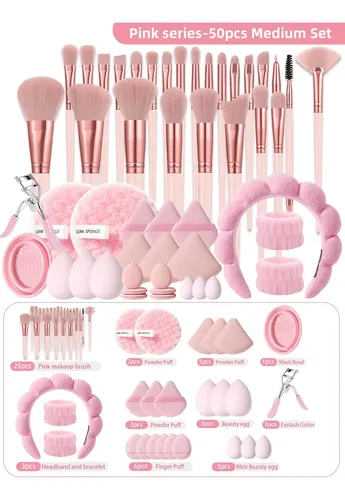 Set 50 Brochas Y Accesorios De Maquillaje Profesional Rosa Rosa