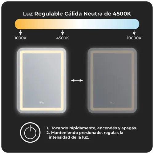 Espejo Led Redondo Antiempañante 60cm Luz 4500K Táctil Pared Baño