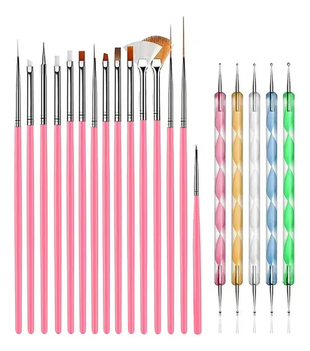 Kit 20 Herramientas Para Uñas Rosa Con Pinceles Y Dotting