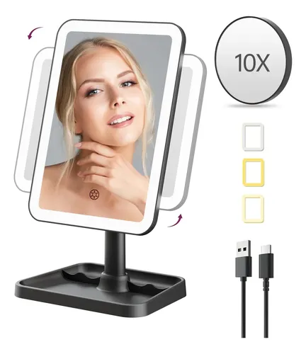 Espejo De Maquillaje Funtouch Con Luz Led 10x Negro