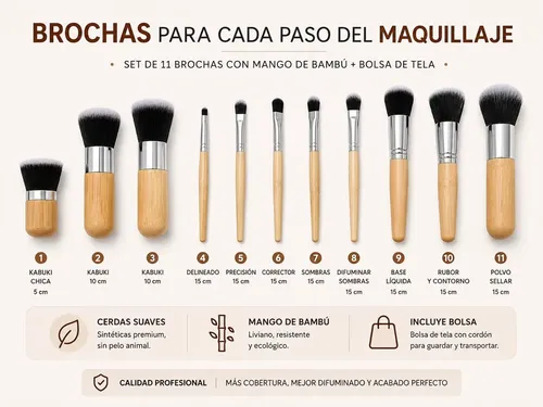 Set Juego De Brochas  Maquillaje Completo Con Mango De Bambú