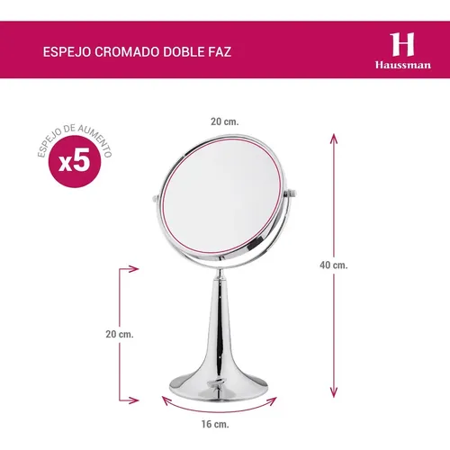 Espejo Para Maquillaje Aumento X5 Doble Faz Base Metal 20cm