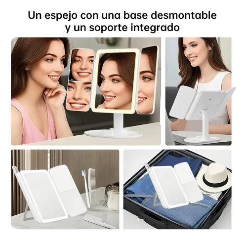 Espejo Maquillaje LED Cuadrado Plegable Con Luz, Aumento 2x y 3x, y 3 Modos de Iluminación Ajustable
