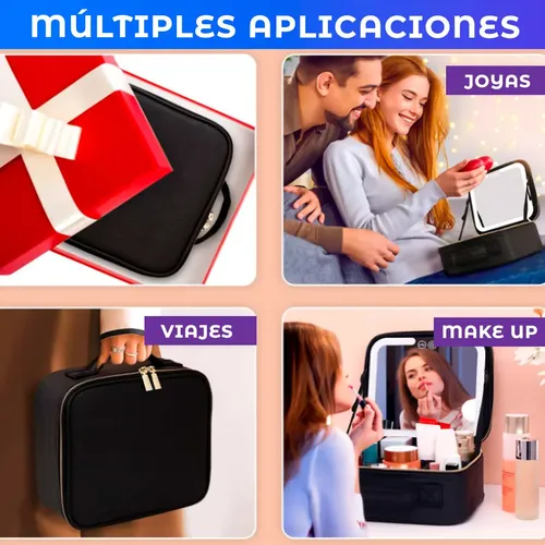Porta Cosméticos con Espejo LED Recargable USB para Maquillaje, Negro